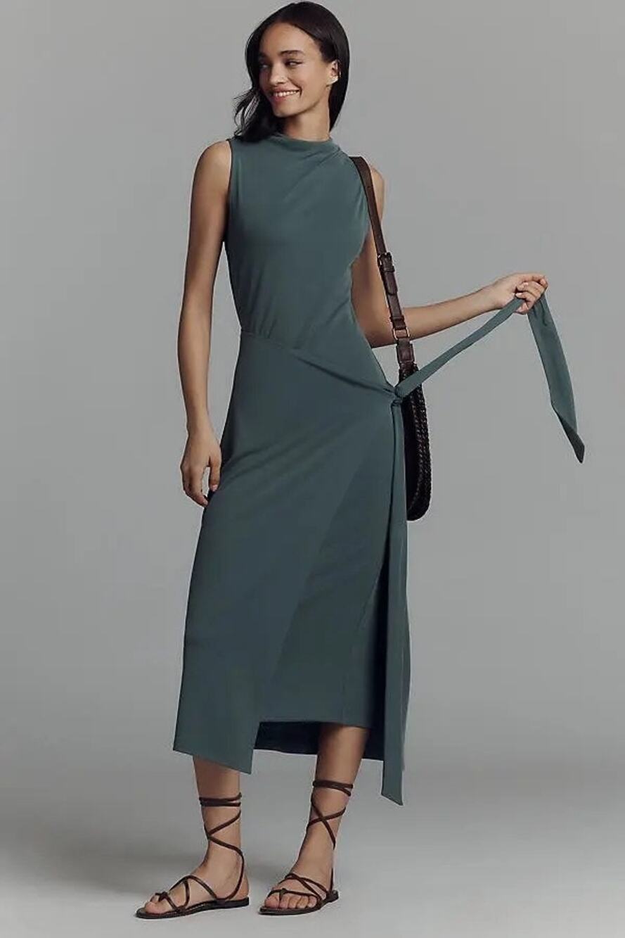 NWT Good American Sz M Green Sleeveless Mock-Neck Ribbed Knit Wrap Midi Dress